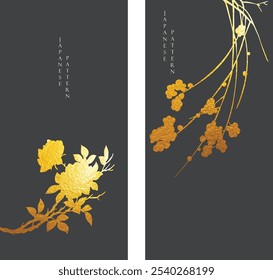 Japanese background with gold and black branch of flower texture painting texture. Oriental natural gold watercolor decoration black banner design in vintage style.