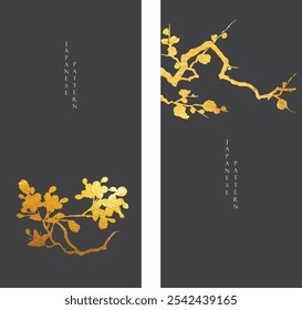 Plano de fundo japonês com ouro e ramo preto da textura da pintura da textura da flor. Oriental natural dourado aquarela decoração preto banner design em estilo vintage.