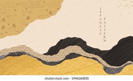 Japanese background with gold and black texture decoration pattern vector. Oriental cloud elements banner design with abstract art elements in vintage style. Geometric line elements.