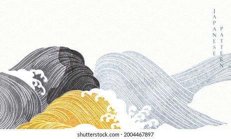 Japanese background with gold and black texture painting texture vector. Oriental natural wave pattern with ocean sea decoration banner design in vintage style.