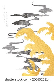 Japanese background with gold and black texture vector. Asian Ocean wave and cloud illustration in vintage style.
