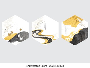 Japanese Background With Gold And Black Texture Vector. Abstract Landscape Template With Hand Drawn Wave Pattern In Vintage Style. Geometric Logo Design And Asian Icon.