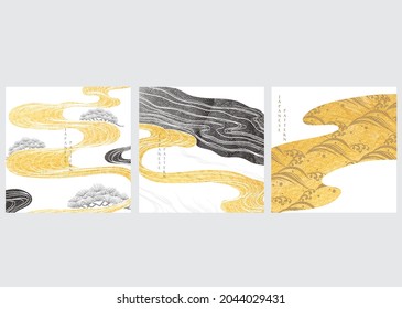 Japanese background with gold and black texture vector. Asian hand drawn ocean wave and cloud illustration template in vintage style.