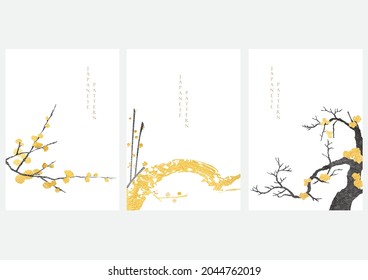 Japanese background with gold and black texture vector. Flower decoration with wave pattern illustration in vintage style. 