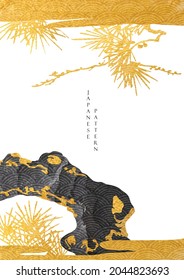 Japanese background with gold and black texture vector. bonsai tree decorations in vintage style. Art landscape template design.