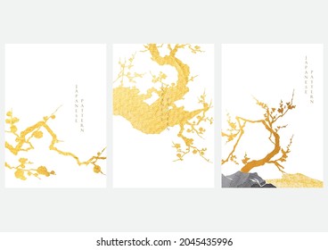 Fondo japonés con vector de textura dorada y negra. Flor de flores de cerezo y decoración de nubes chinas de estilo vintage. Diseño de plantillas de paisaje de arte. 