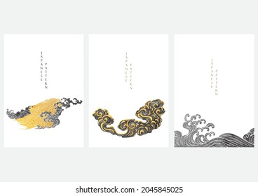 Japanese background with gold and black texture painting texture vector. Oriental natural wave pattern with ocean wave decoration banner design in vintage style.