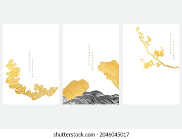 Fondo japonés con vector de textura dorada y negra. Flor de flores de cerezo y decoración de nubes dibujadas a mano china en un estilo vintage. Diseño de plantillas de paisaje de arte. 