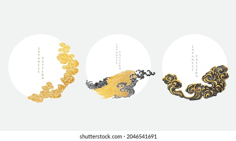 Japanese background with gold and black texture vector. Asian natural wave pattern with ocean sea and hand drawn cloud decoration banner design in vintage style.