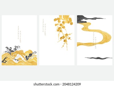 Japanese Background With Gold And Black Texture Vector. Cherry Blossom Flower, Hand Draw Wave And Chinese Cloud Decorations In Vintage Style. Art Landscape Icon And Template Design. 