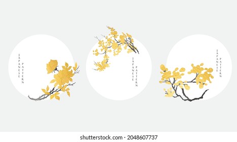 Fondo japonés con vector de textura dorada y negra. Decoración de ramas de flores con ilustración de patrones de onda en estilo vintage. 