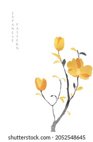 Japanese background with gold and black texture vector. Floral branch decoration with wave pattern illustration in vintage style. 