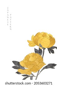 Japanese Background With Gold And Black Texture Vector. Flower Decoration With Wave Pattern Illustration In Vintage Style. 