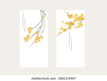 Japanese background with gold and black texture vector. Flower and maple branch decoration with wave pattern illustration in vintage style. 