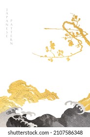 Fondo japonés con vector de textura dorada y negra. Flor de flores de cerezo y decoración de piedra de textura negra de estilo vintage. Paisaje artístico en banner oriental. 