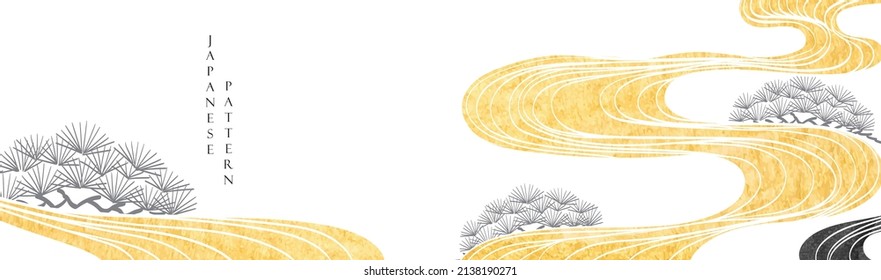 Japanese background with gold and black texture painting texture. Oriental natural wave pattern with ocean sea and bonsai tree decoration banner design in vintage style.