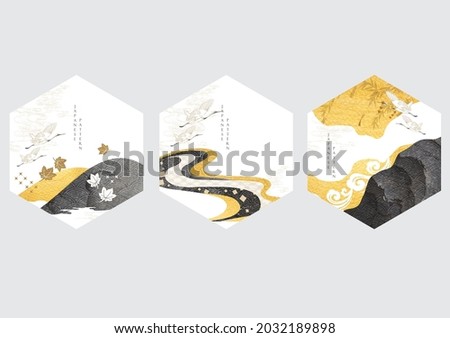 Japanese background with gold and black texture vector. Abstract landscape template with hand drawn wave pattern in vintage style. Geometric logo design and Asian icon.