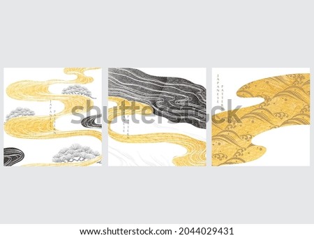 Japanese background with gold and black texture vector. Asian hand drawn ocean wave and cloud illustration template in vintage style.