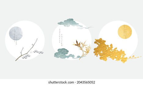 Japanese Background With Gold And Blue Texture Vector. Cherry Blossom Flower Branch, Bamboo And Chinese Cloud Decorations In Vintage Style. Art Landscape Icon And Logo Design. 