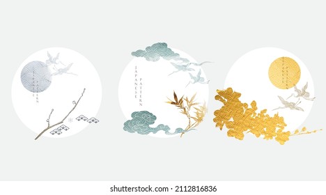 Japanese Background With Gold And Blue Texture Vector. Cherry Blossom Flower Branch, Bamboo And Chinese Cloud Decorations In Vintage Style. Art Landscape Icon And Logo Design. 