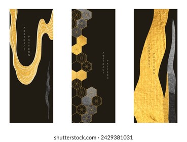 Japanese background with gold brush stroke element vector. Abstract black banner. Painting brush layout design in vintage style.Geometric pattern and line curve elements.
