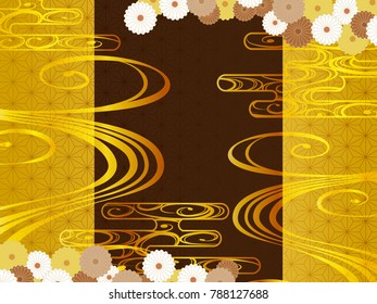 Japanese background of gold, flowers and clouds background material