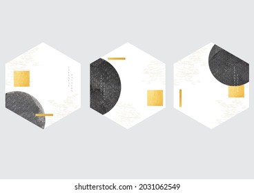 Japanese background with gold foil and black texture vector. Abstract art template with hand drawn wave pattern in oriental style. Geometric logo design.