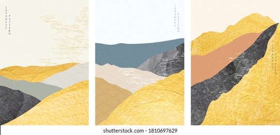 Japanese background with gold foil texture vector. Abstract landscape template with hand drawn wave pattern in oriental style.