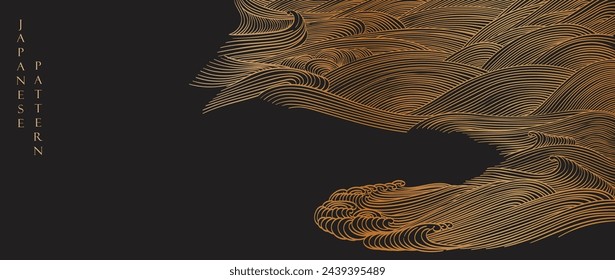  Japanese background with gold line wave pattern vector. Black abstract template with geometric pattern. Mountain layout design in oriental style.