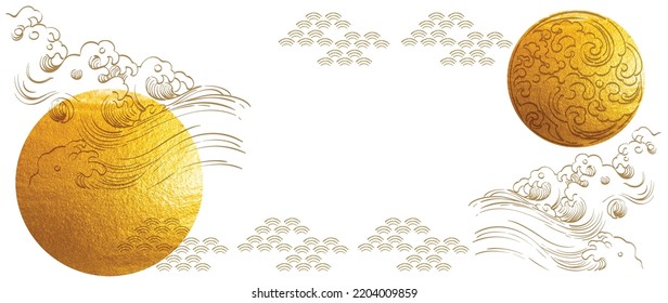 Japanese background with gold moon and sun with watercolor texture vector. Hand drawn wave, cloud and chinese element decorations in vintage style. Art abstract banner design in circle shape