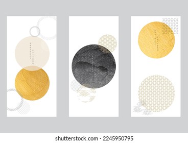 Fondo japonés con luna dorada y sol con vector de textura acuarela. Decoración de líneas dibujadas a mano, nubes y elementos geométricos chinos en un estilo vintage. Diseño de pancartas abstractas en forma de círculo