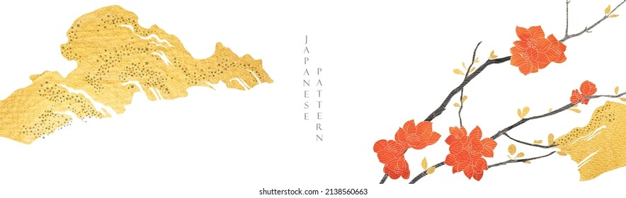 Japanese background and gold   red texture vector  Cherry blossom flower branch   chinese stone   rock decorations in vintage style  Art natural invitation banner design  