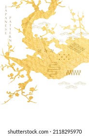 Japanese background with Gold texture in branch of tree silhouette vector. Japanese icon and symbol with abstract hand drawn line pattern. Template design with geometric pattern in vintage style.