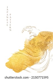 Japanese background with Gold texture in brush stroke painting vector. Abstract art hand drawn line wave pattern. Template design with ocean sea pattern in vintage style.