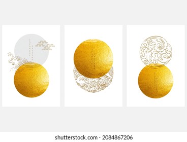 Japanese background with Gold texture in circle shape vector. Moon and sun with abstract hand drawn line pattern. Template design with geometric pattern in vintage style.