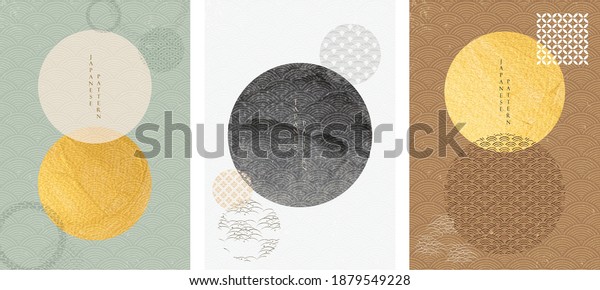 Japanese background with Gold
texture in circle shape vector. Moon and sun with abstract line
pattern. Template design with geometric pattern with black
texture..
