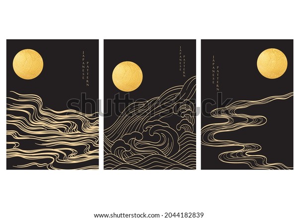 Japanese background with\
Gold texture in circle shape vector. Moon and sun element with\
black abstract art line pattern. Template design. Hand drawn wave\
ocean decoration.