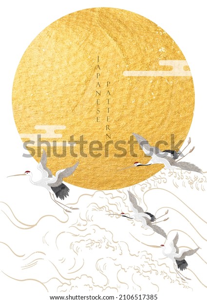 Japanese background with Gold texture in circle\
shape vector. Moon and sun with abstract hand drawn line wave\
pattern. Crane birds with template design with geometric pattern in\
vintage style.