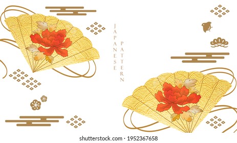 Japanese background with gold texture fan element. Line pattern with Asian traditional icon and banner design in vintage style. Peony flower vector.