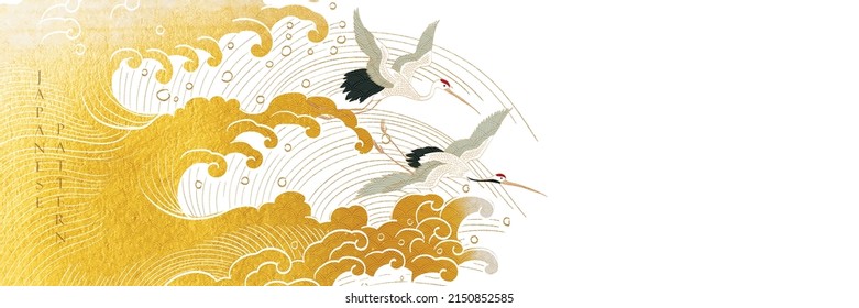 Japanese background with Gold texture in hand drawn wave vector. Abstract art ocean sea line pattern. Crane birds template banner design with geometric pattern in vintage style.