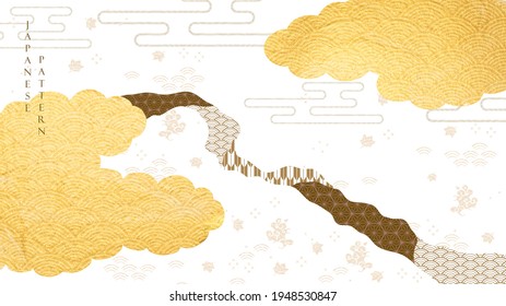 Japanese background with gold texture vector. Geometric pattern with oriental traditional banner in vintage style. 