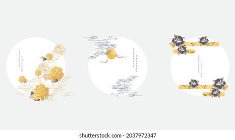 Japanese background with gold  texture vector. Peony flower, hand drawn wave chinese cloud decorations in vintage style. Art abstract icon and logo design. 