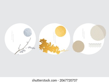 Japanischer Hintergrund mit goldener Textur, Vektorgrafik. Kirschblüte, handgezeichnete Welle und chinesische Wolkendekorationen im Vintage-Stil. Circle Shape Icon und Logo Design. 