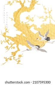 Japanese background with gold  texture vector. Cherry blossom flower branch in vintage style. Art landscape with crane birds in oriental template. 