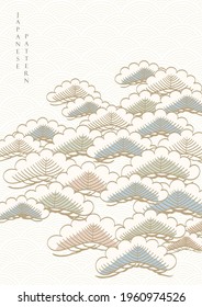 Japanese background with hand draw bonsai tree vector. Geometric pattern with natural banner in vintage style. 