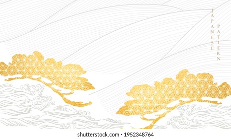 Japanese background with hand draw wave elements. Line pattern with bonsai isolated banner design in vintage style. Gold texture vector.