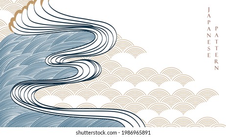 Japanese background with hand draw wave decoration pattern vector. Geometric banner design with abstract art elements in vintage style.