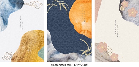 Japanese background with hand drawn Asian element vector. Abstract template with watercolor texture in oriental style. 