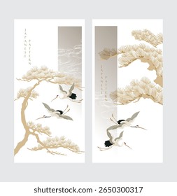 Japanese background with hand drawn bonsai tree and wave decorations in vintage style. Crane birds with blue and gold watercolor texture card design