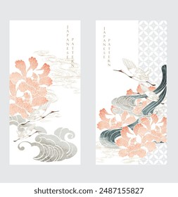 Japanese background with hand drawn chinese wave and peony flower decorations in vintage style. Crane birds and watercolor texture card design